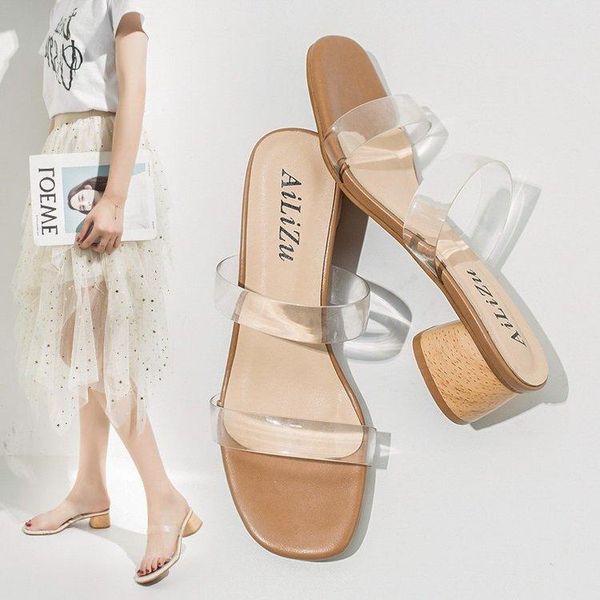 slippers women's transparent 2021 summer fashion outer wear one-word high-heeled thick-heeled all-match, Black